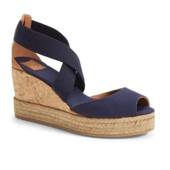 Tory Burch Peep Toe Cork Wedge navy blue size 9.5 includes dust bag - Picture 1 of 11